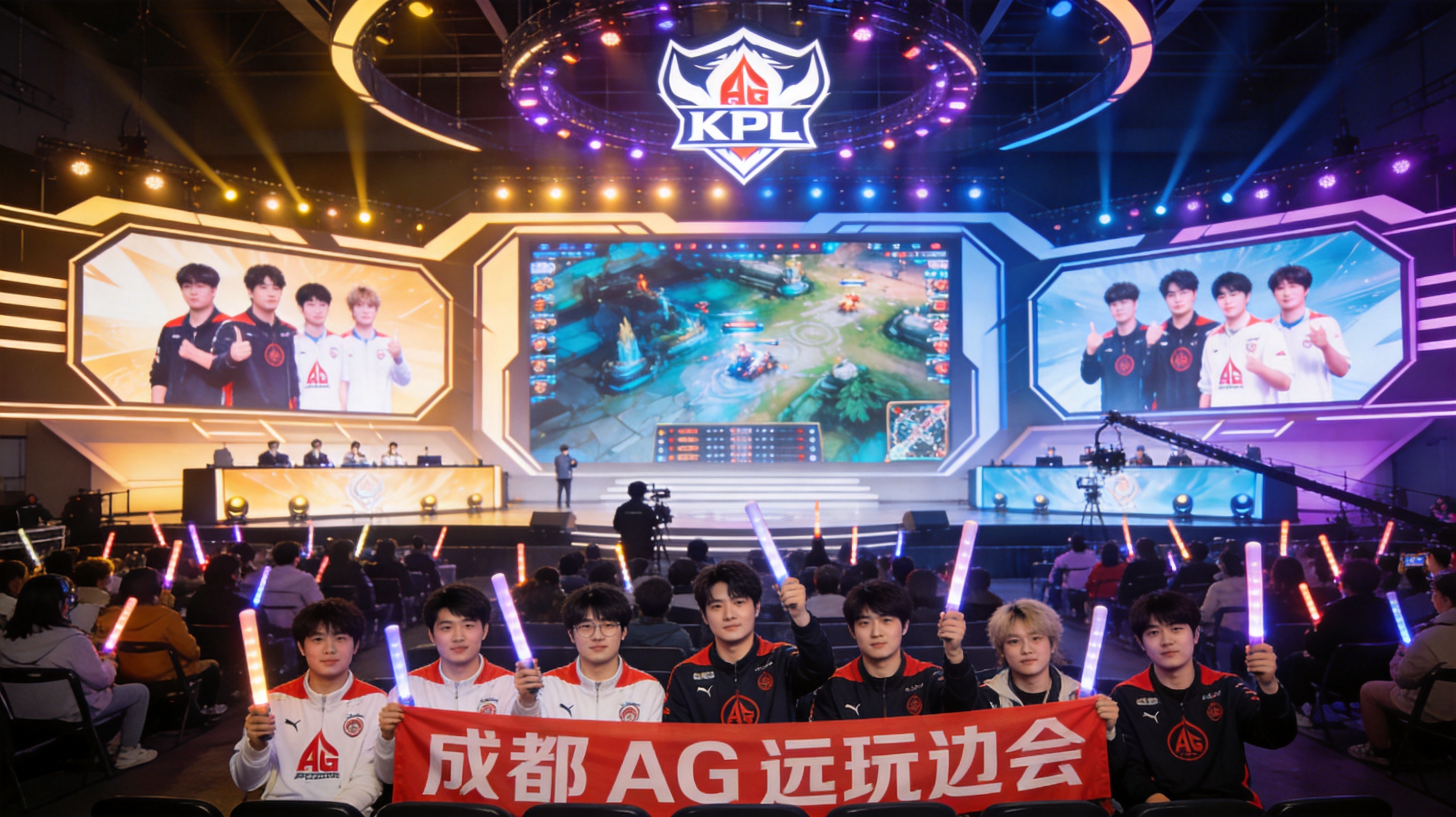 电竞比赛现场舞台灯光与观众席，手游电竞总决赛直播画面